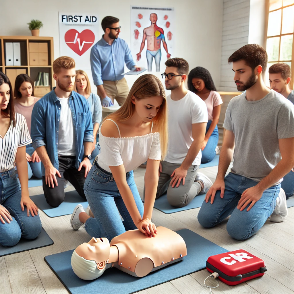 GenAI generated image of adult students learning CPR on a mankin