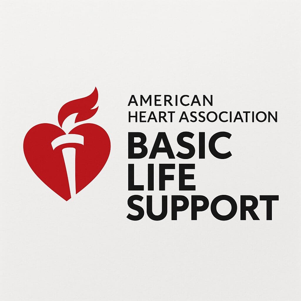 AHA heart and torch symbol with text "American Heart Association Basic Life Support"